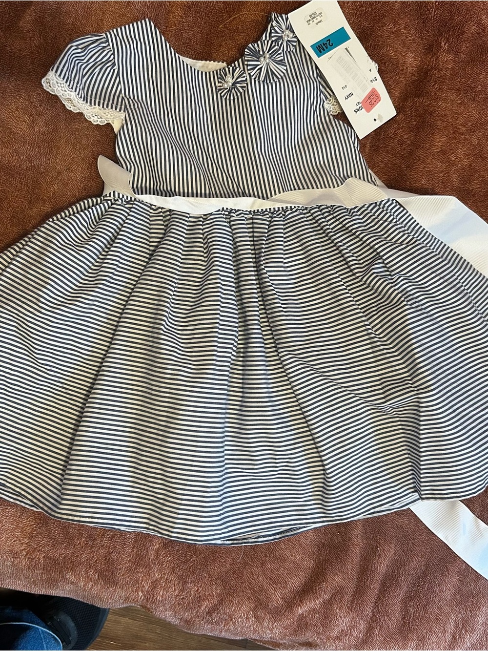 Rare Editions Navy & White Striped Formal Dress with Waist Sash
